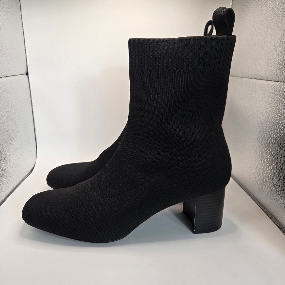Quince Sock Boots Womens 9 Black Square Toe Block Heel Ankle Booties - Picture 3 of 8
